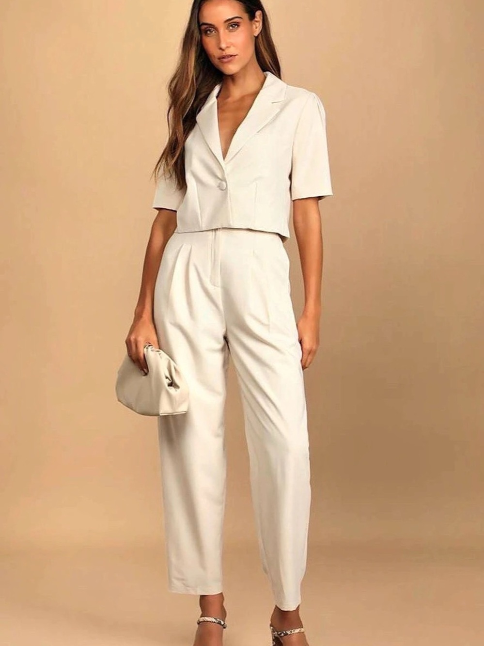 Lulus Posh Company Ivory Cropped Short Sleeve Blazer and Pant set size small